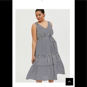 NAVY & WHITE STRIPE CHALLIS SELF TIERED MIDI DRESS